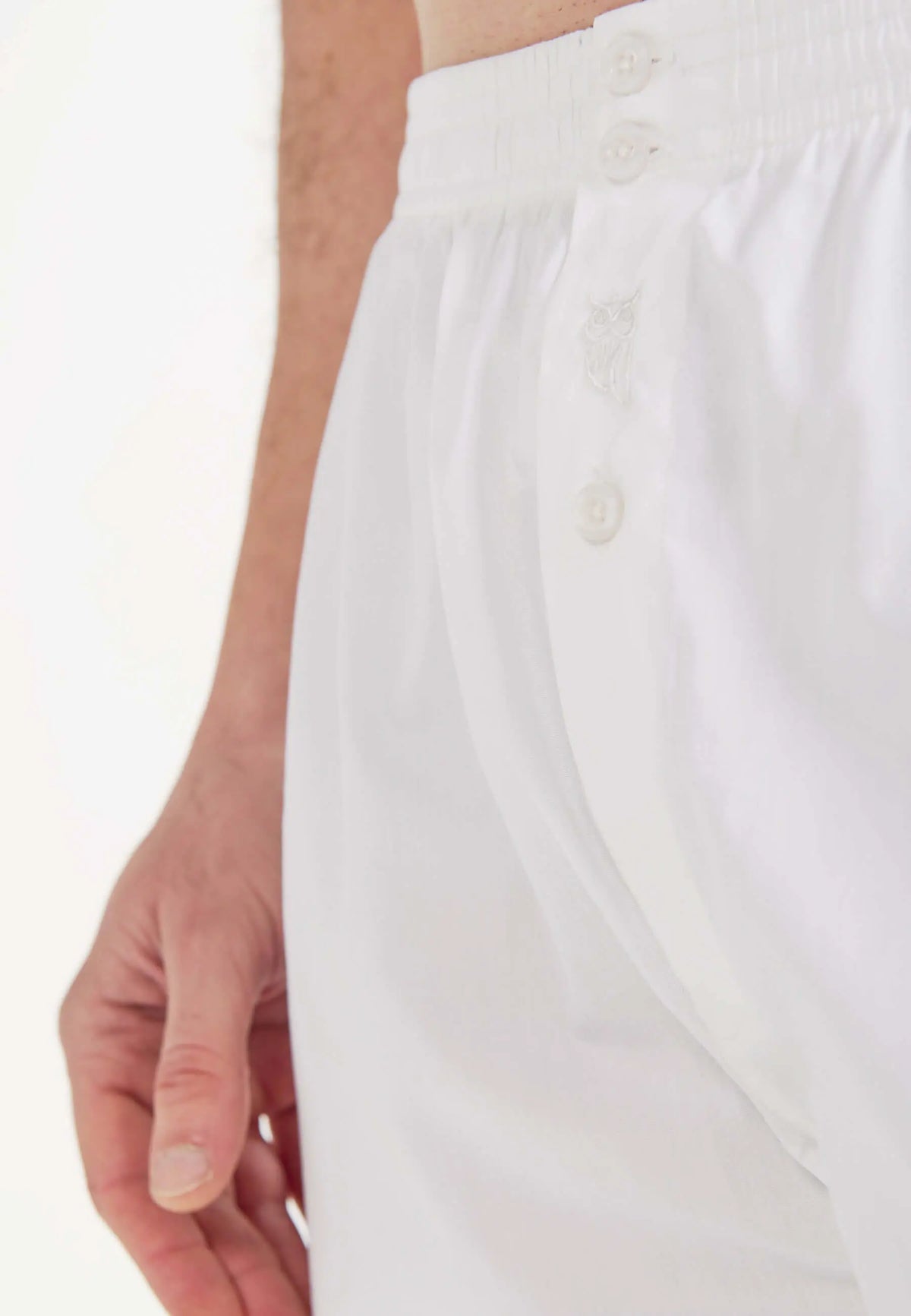 Calzoncillo bóxer para hombre de algodón blanco, corte holgado con botones y cintura elástica.