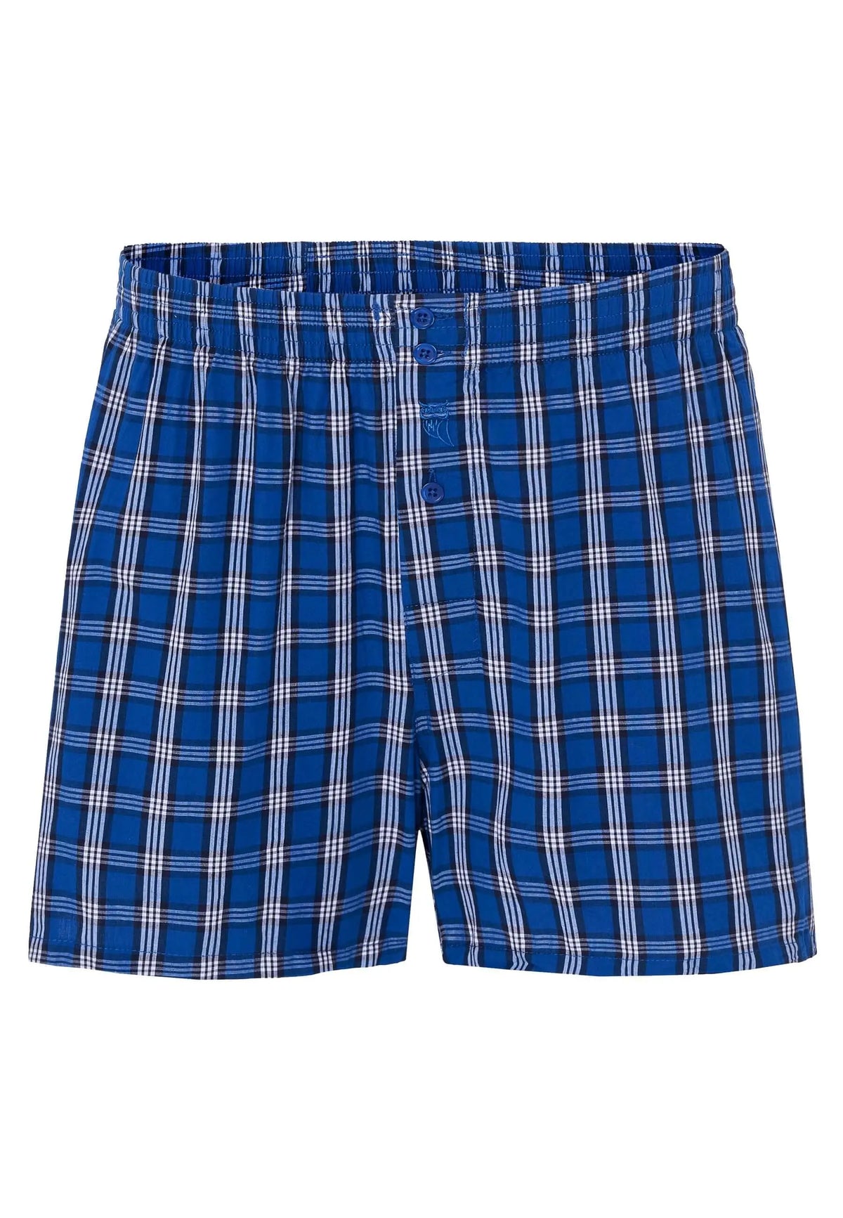Calzoncillo bóxer para hombre de algodón con estampado de cuadros azules y blancos, ajuste holgado y cierre de botones.