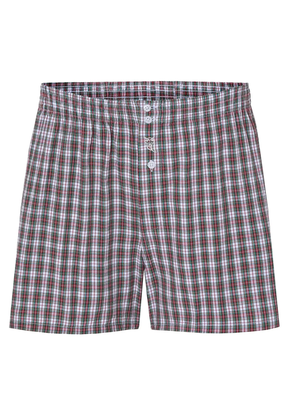Calzoncillo bóxer de hombre en algodón con estampado de cuadros verdes y rojos, ajuste holgado y cierre con botones.