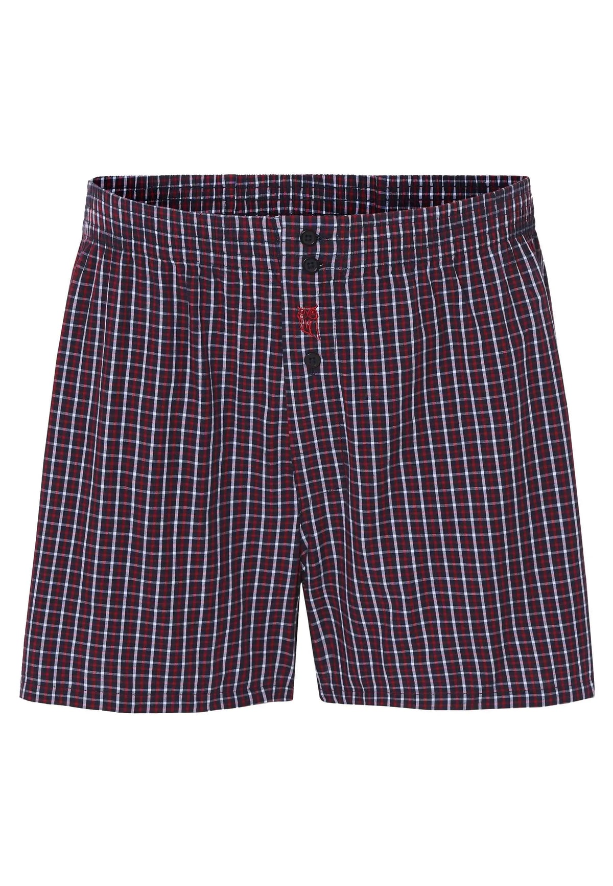 Calzoncillo bóxer de hombre en algodón con estampado de cuadros rojos y blancos, ajuste holgado y cierre de botones.
