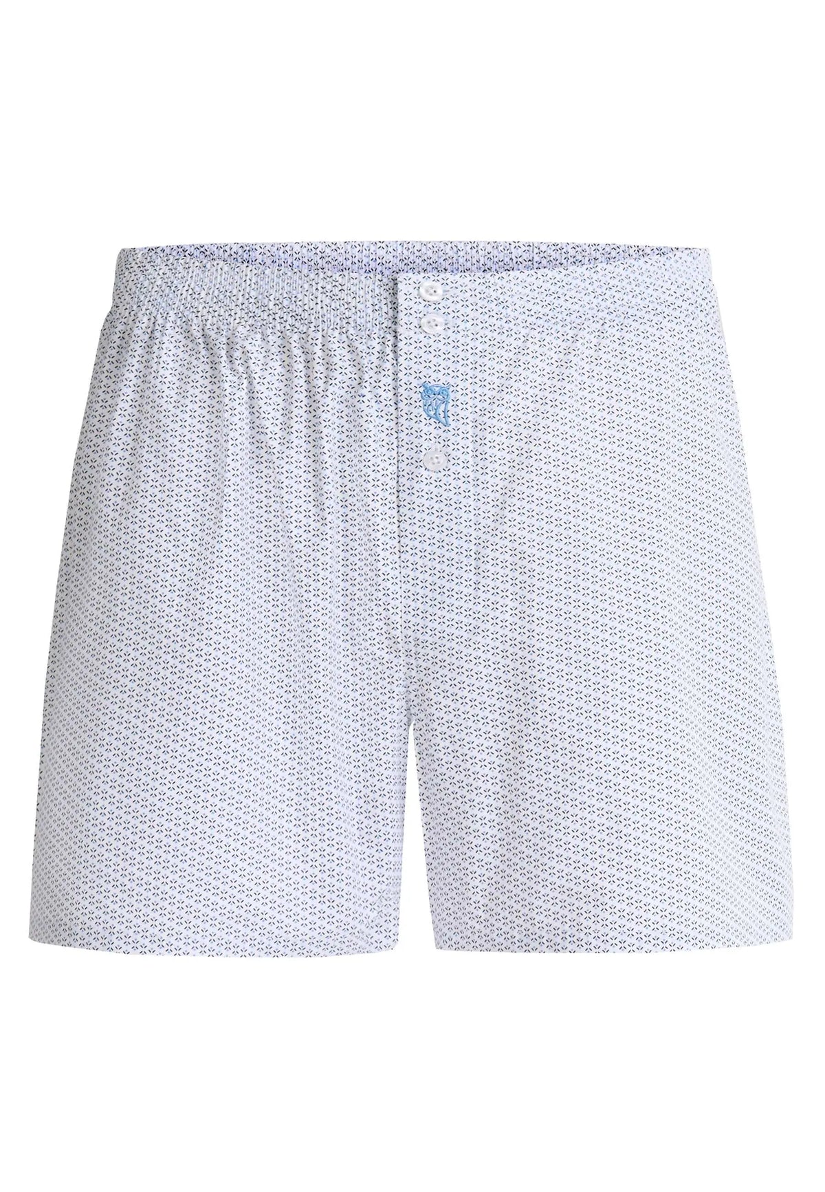 Calzoncillo bóxer holgado de algodón celeste con estampado geométrico pequeño, cintura elástica y botones frontales.