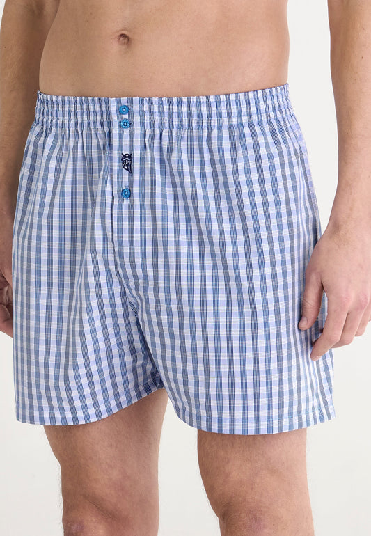 Boxers de hombre de cuadros en azul y blanco, 100% algodón, estilo clásico con botones frontales.