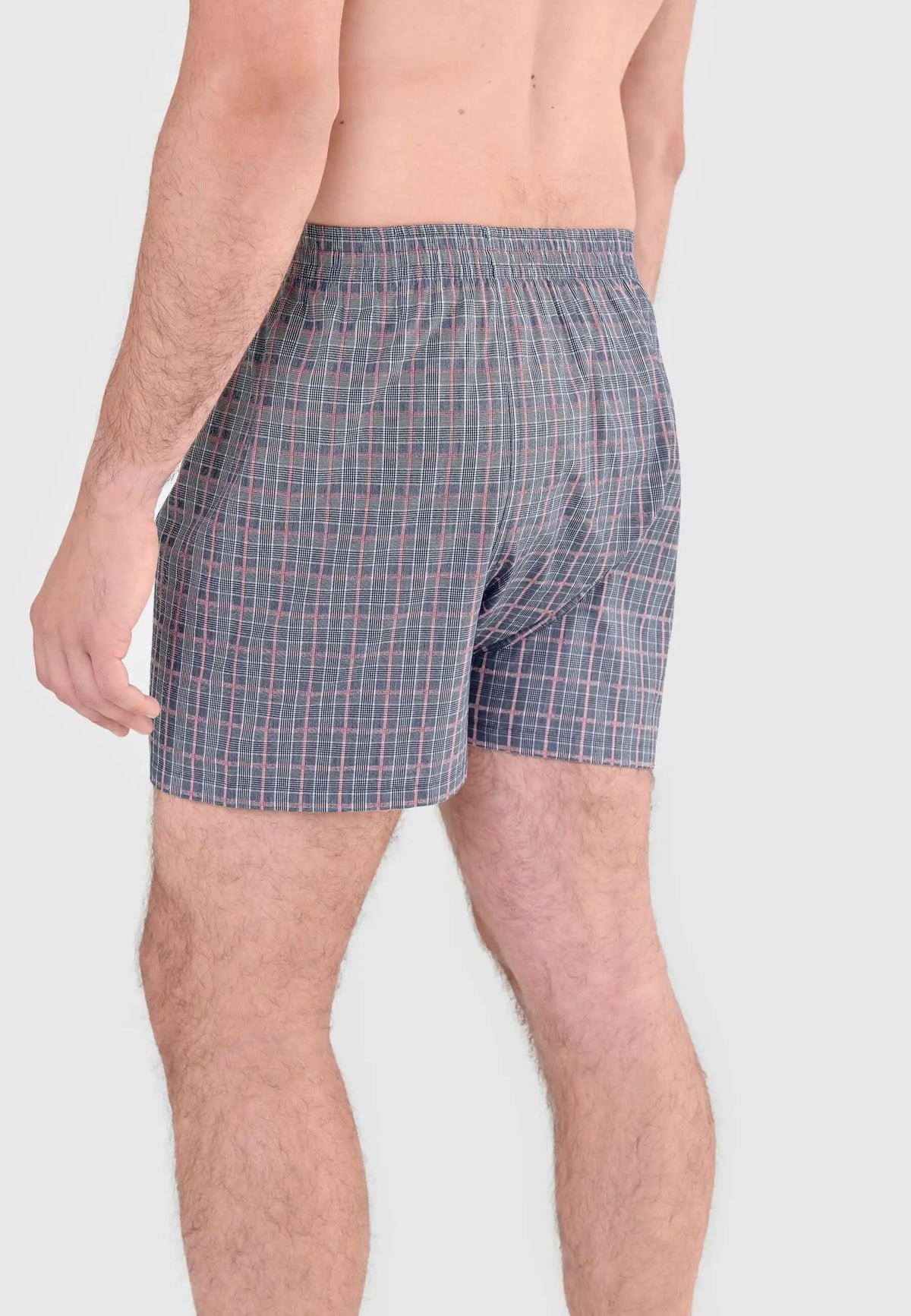 Calzoncillo bóxer para hombre de algodón, estampado de cuadros gris y líneas rojas, corte holgado con cintura elástica.