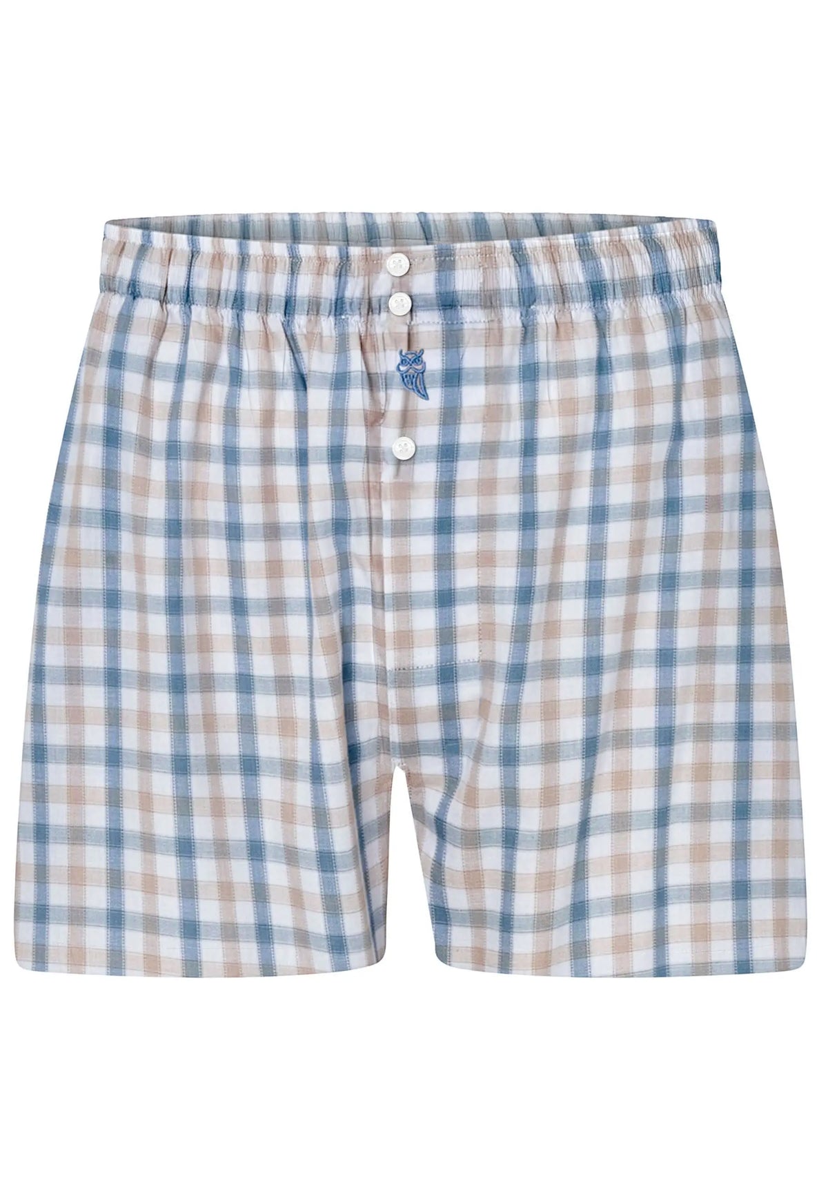 Calzoncillo bóxer de hombre en algodón, corte holgado con estampado de cuadros en tonos azules y beige, cierre de botones.