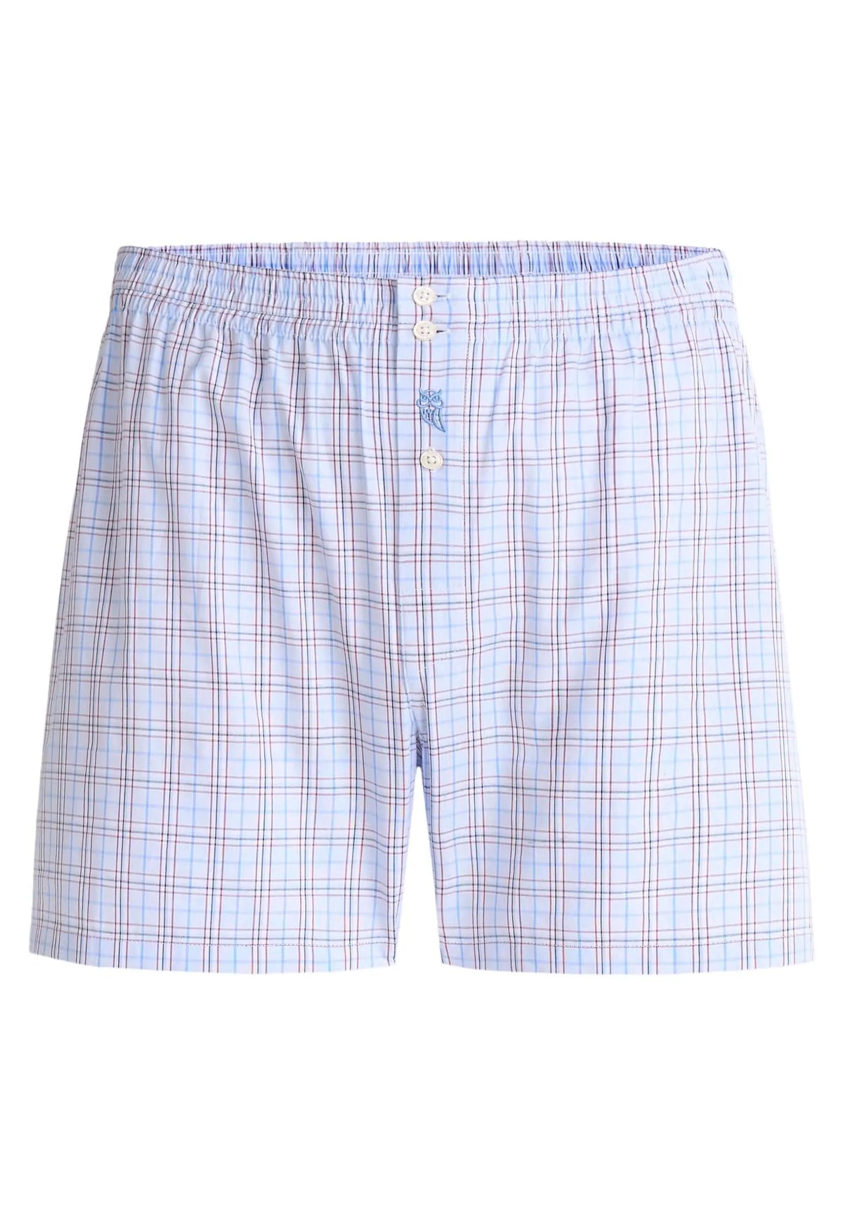 Calzoncillo bóxer holgado de algodón azul con estampado de cuadros, cintura elástica y botones frontales.