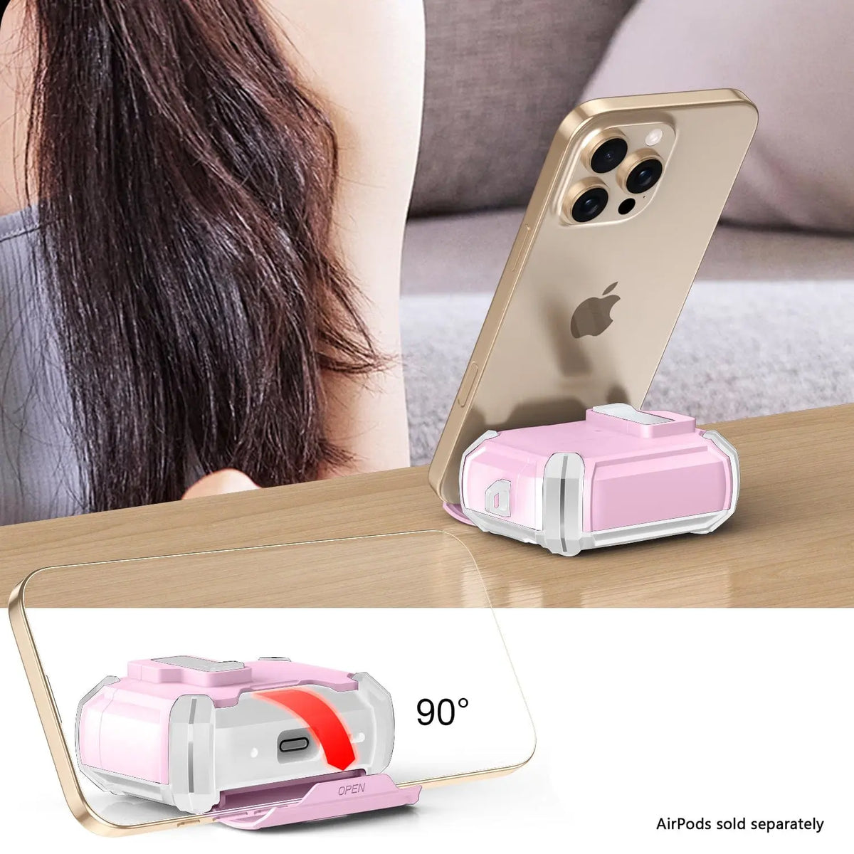 Pink heavy-duty AirPods Pro case with secure latch, shown supporting a smartphone on a desk.