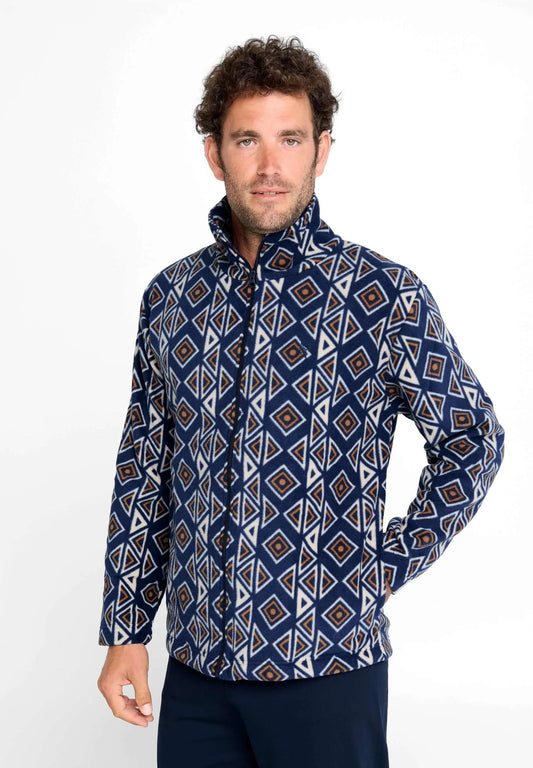 Chaqueta de pijama para hombre de forro polar azul con estampado geométrico, ajuste cómodo y cierre de cremallera frontal.