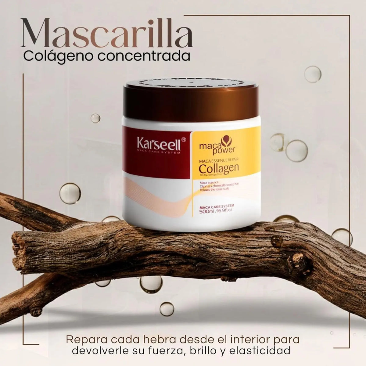 Mascarilla capilar de colágeno 500ml en frasco blanco con tapa marrón sobre una rama, con burbujas y fondo beige.