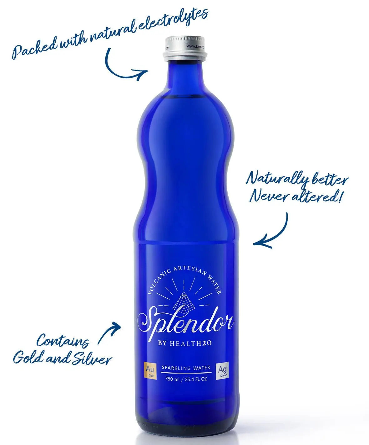A 750ml cobalt blue glass bottle with a silver cap and a label featuring the text Splendor and health claims.