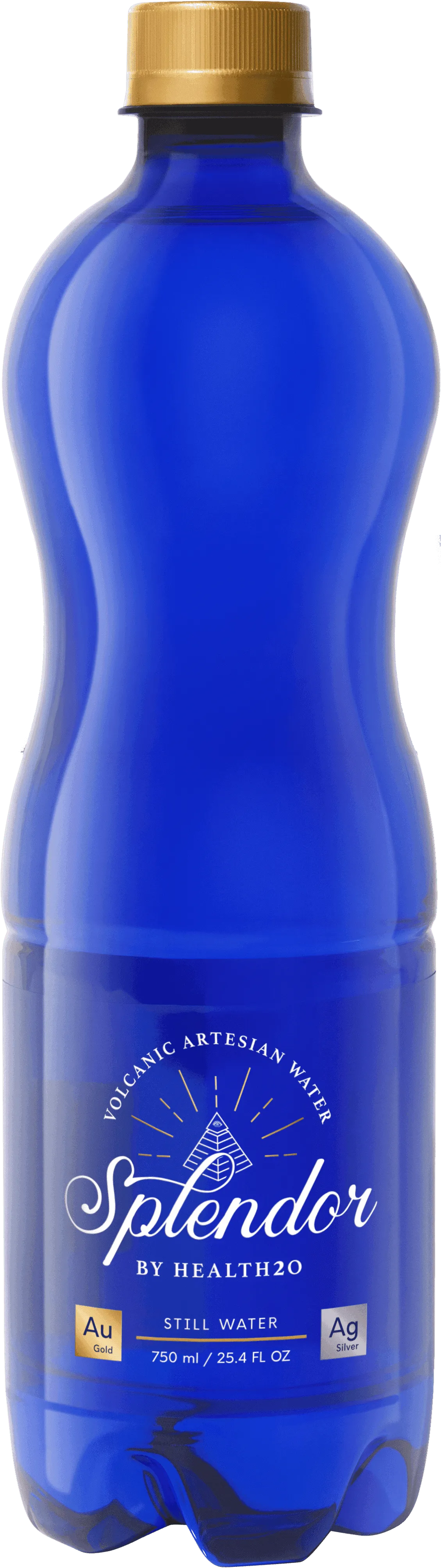 A 750ml blue plastic bottle of Splendor volcanic artesian water with a gold cap and white label details.