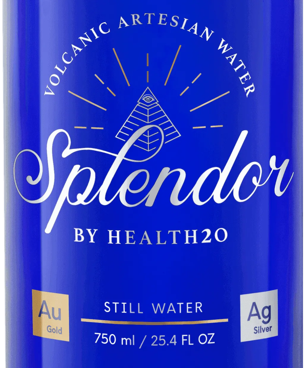 Blue glass bottle of Splendor water with gold pyramid logo, "Still Water" label, and 750ml/25.4 fl oz volume text.