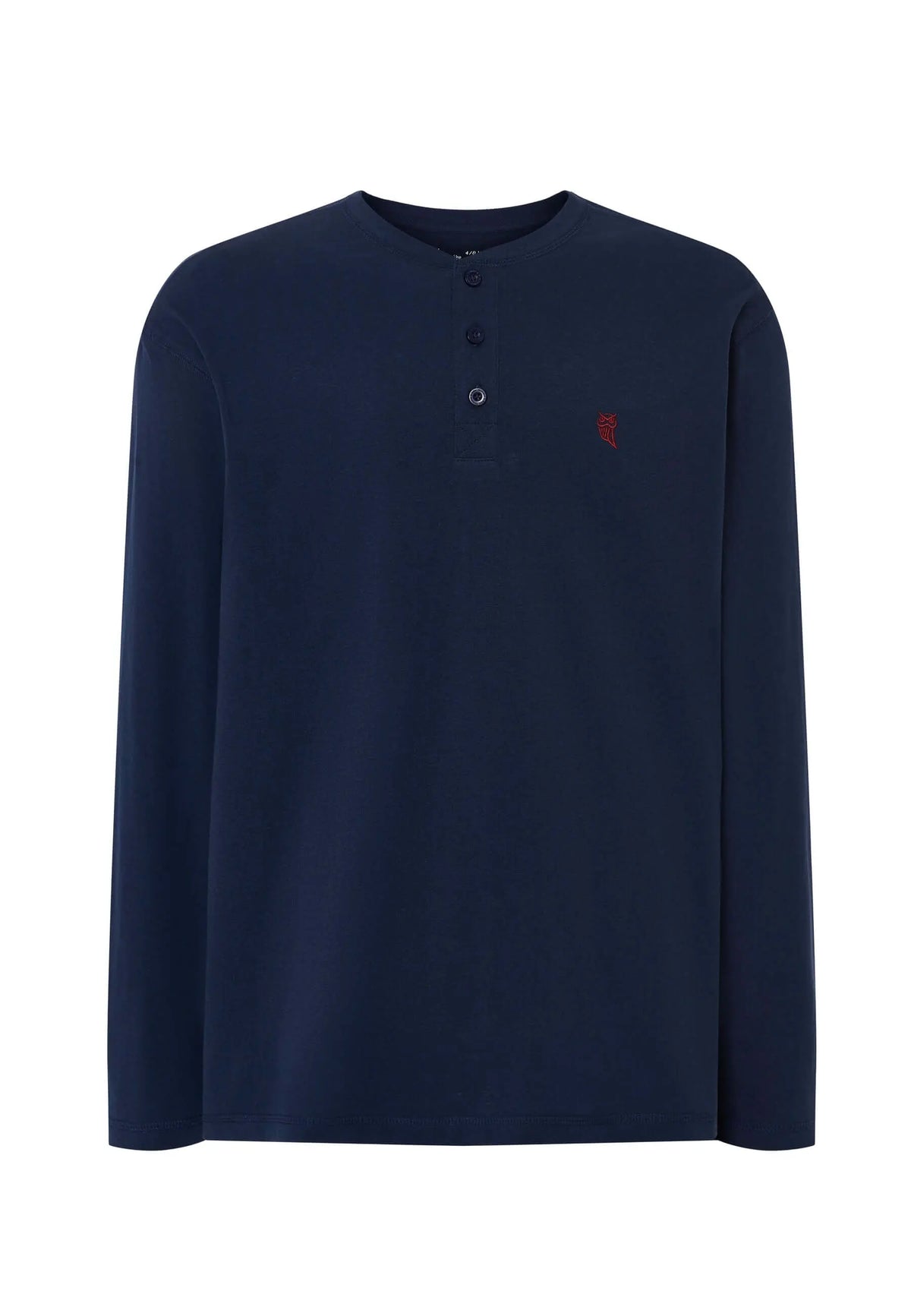 Camiseta de pijama azul para hombre en algodón, manga larga, corte recto y tapeta frontal con botones.