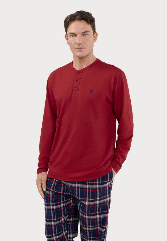 Camiseta Pijama Hombre Manga Larga Tapeta Algodón Lisa - Rojo 7531_90