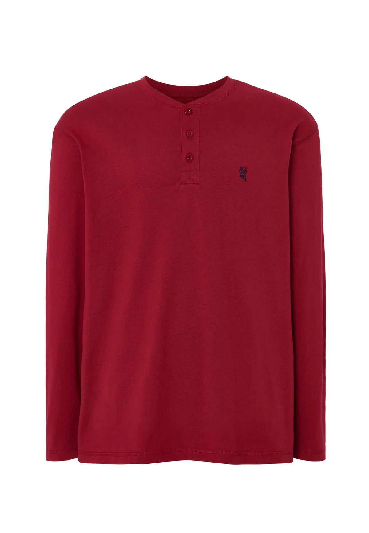 Camiseta de pijama roja de algodón para hombre, manga larga, estilo henley con tapeta de botones, ajuste cómodo.
