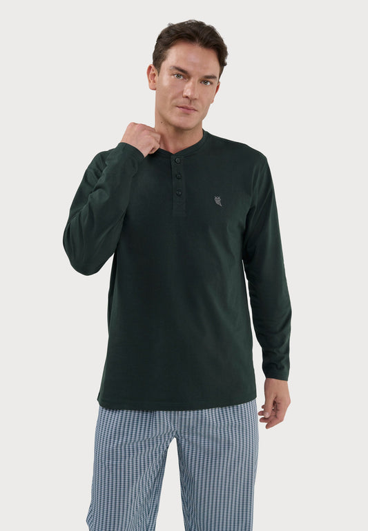 Camiseta Pijama Hombre Manga Larga Tapeta Algodón Lisa - Verde 7532_46