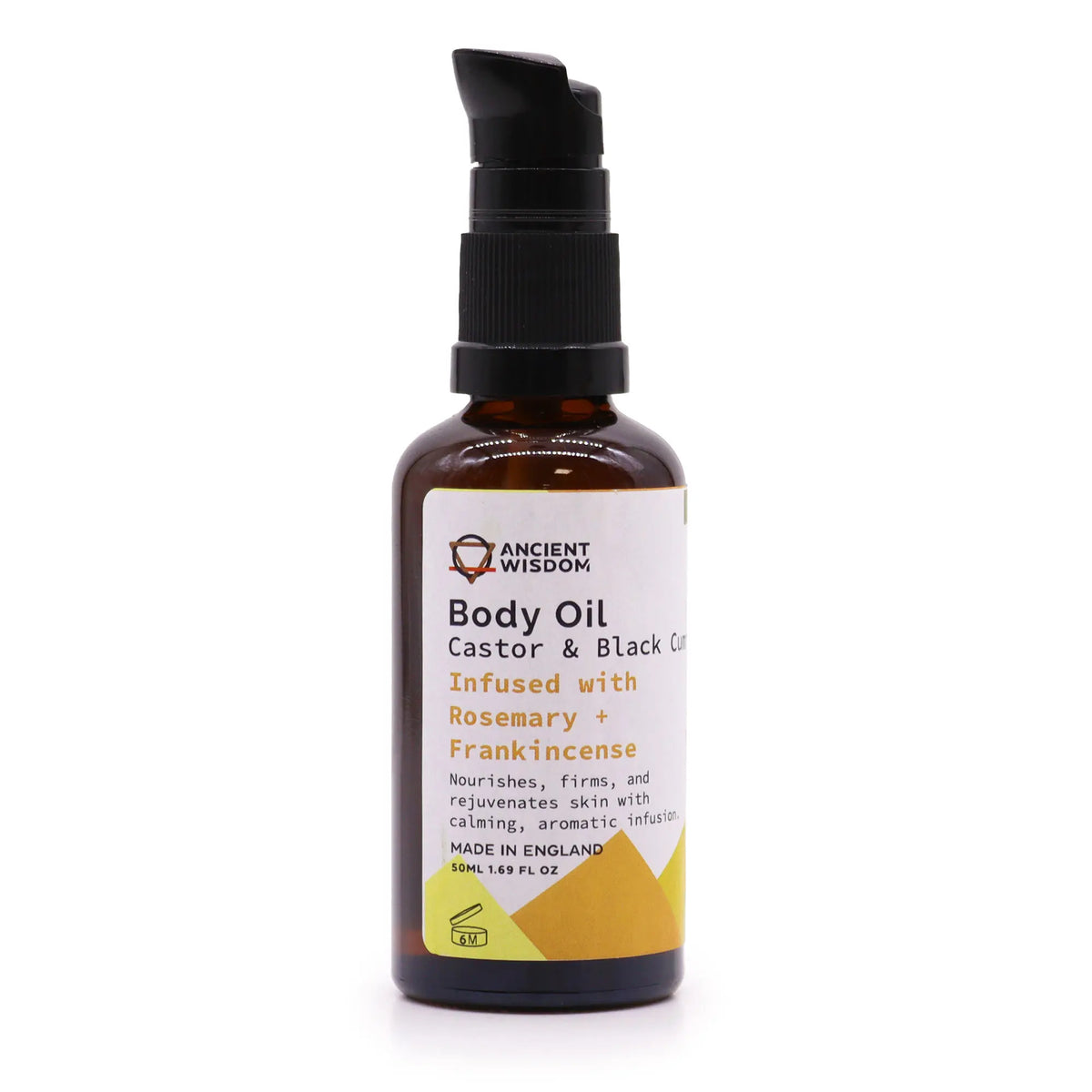 Frasco de vidrio ámbar con dispensador negro y etiqueta blanca de aceite corporal de romero e incienso, 50 ml.
