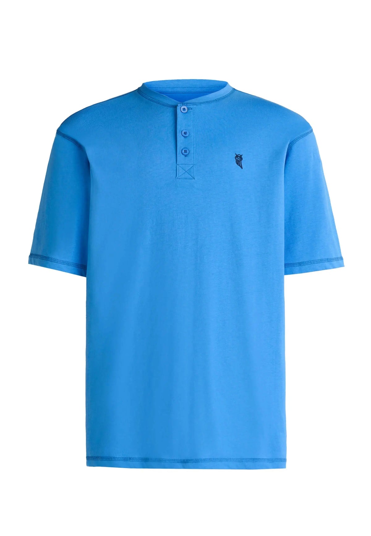 Camiseta de pijama azul para hombre, manga corta y cuello con tapeta de botones, en algodón suave y corte recto.
