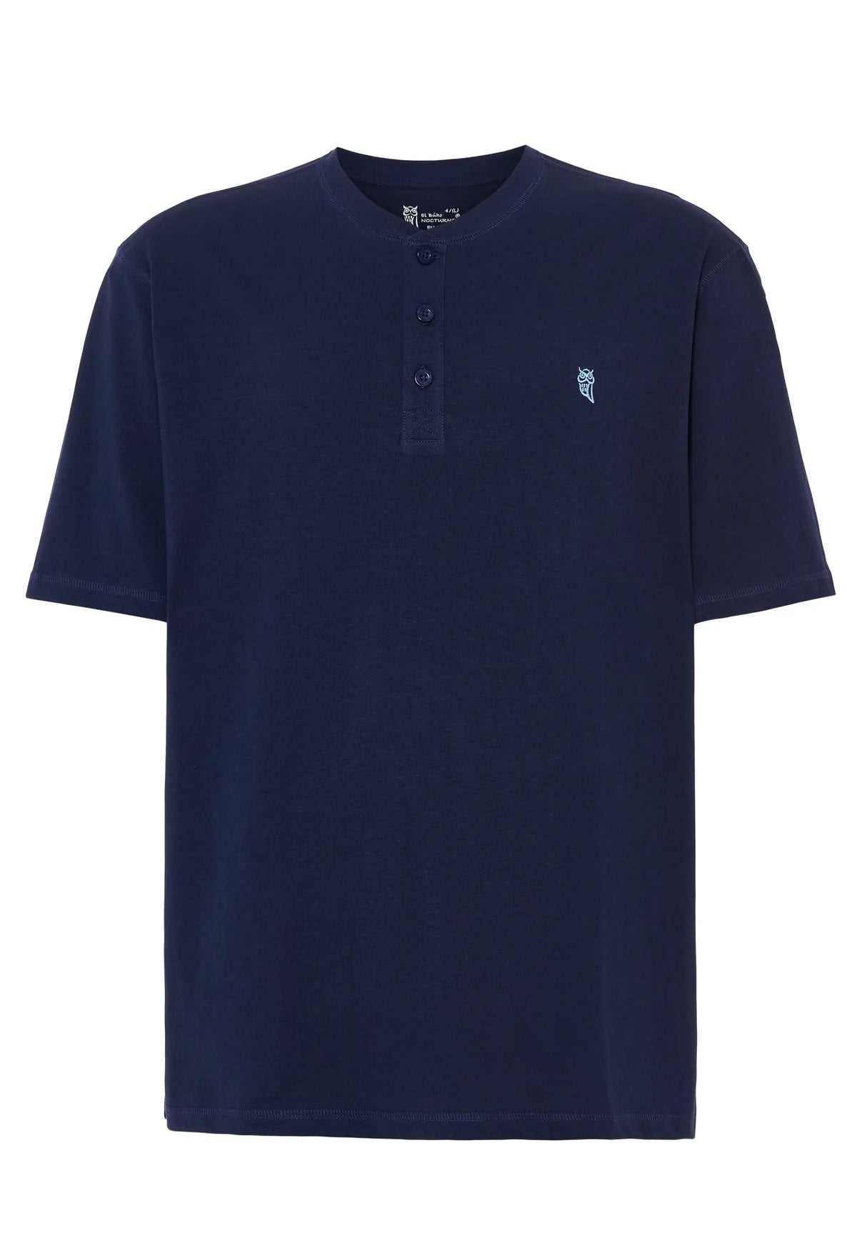 Camiseta de algodón azul marino con botones, estilo casual y logo bordado en el pecho.