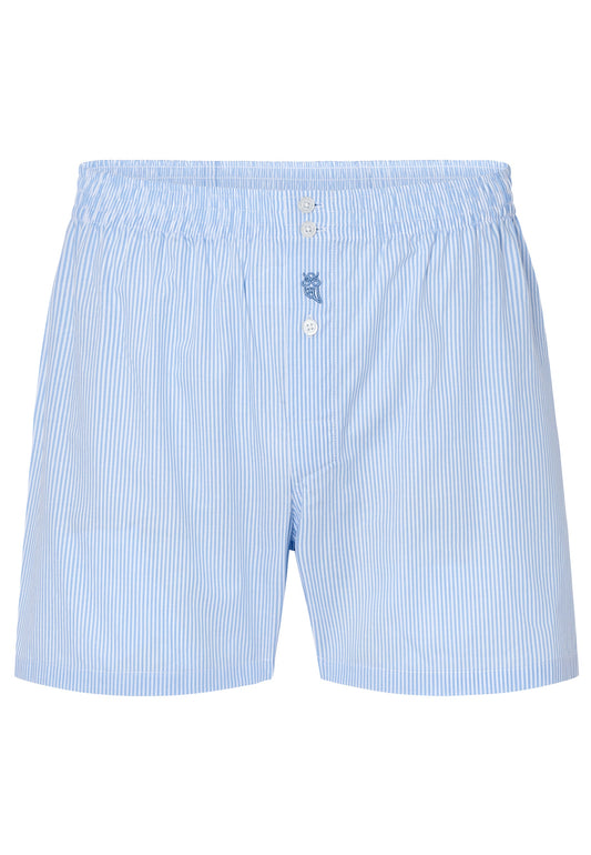 Boxers de algodón a rayas en azul claro y blanco, estilo clásico con botones frontales.