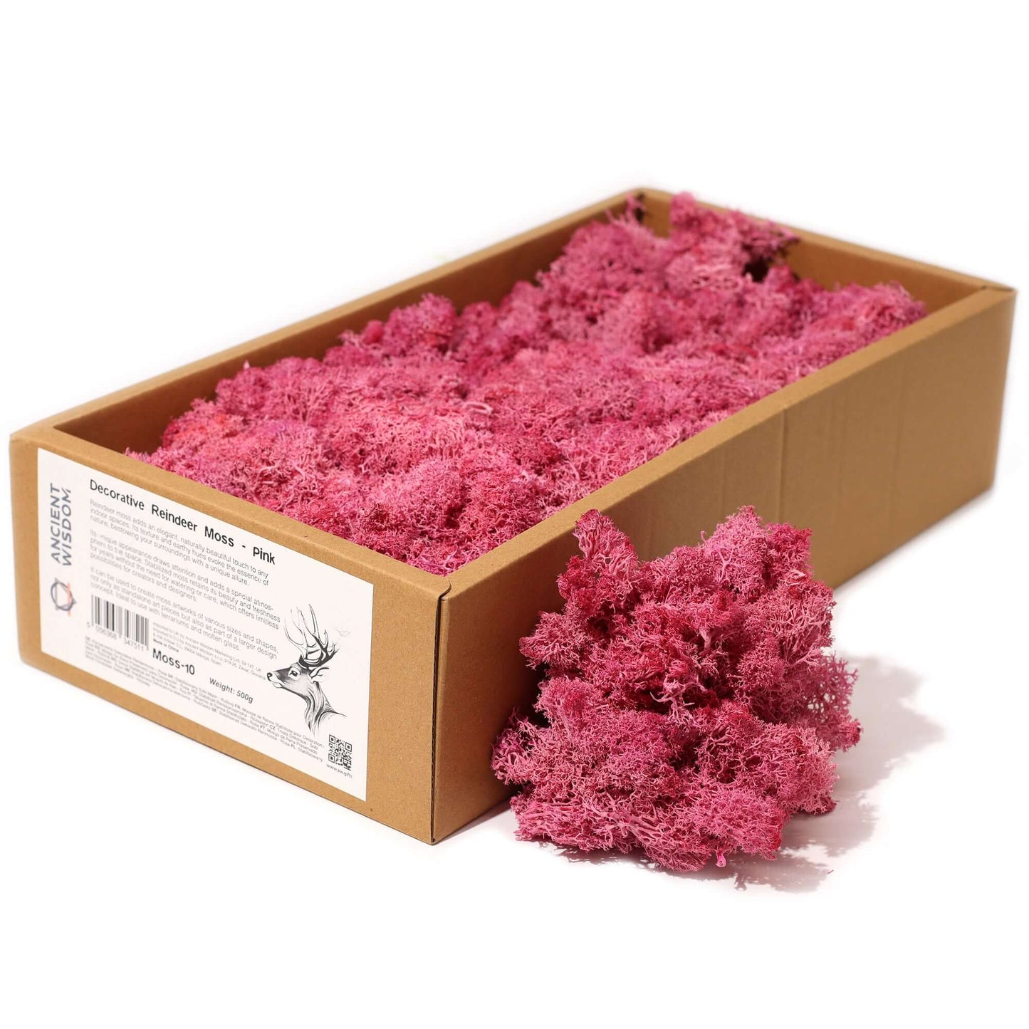 Musgo de reno decorativo de color rosa intenso, presentado en una caja de cartón rectangular sobre fondo blanco.