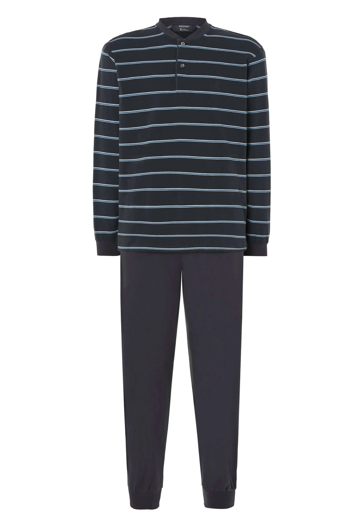 Pijama de hombre para invierno, camiseta de algodón a rayas con tapeta y pantalón largo liso en color gris oscuro.