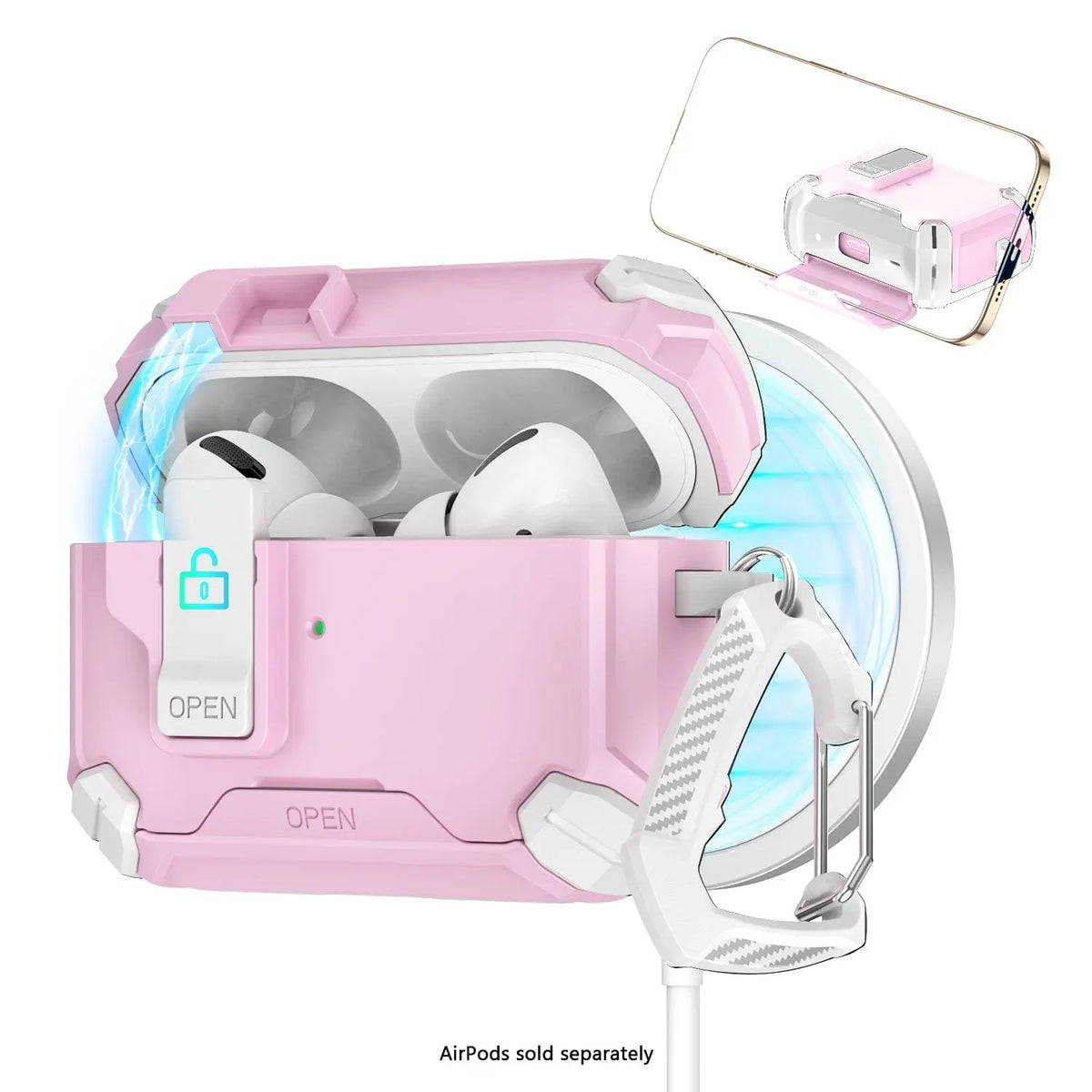 Heavy-duty pink AirPods Pro case with secure lock, MagSafe compatibility, and an attached white carabiner.