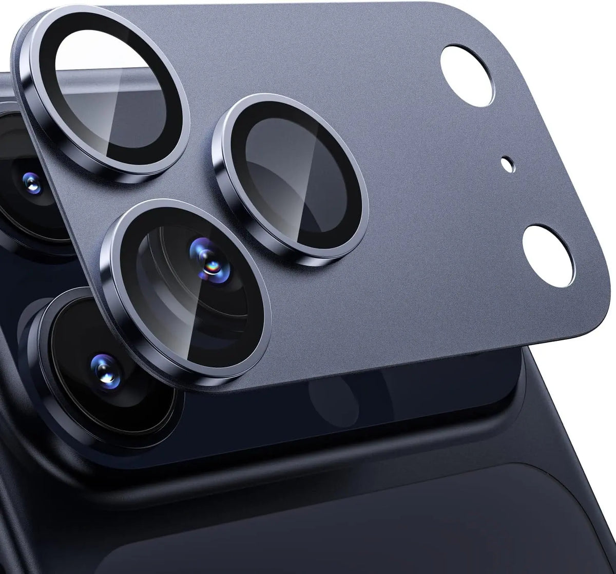 Matte gray titanium camera lens protector for iPhone 17 Pro Max, featuring three protective rings and clear glass.