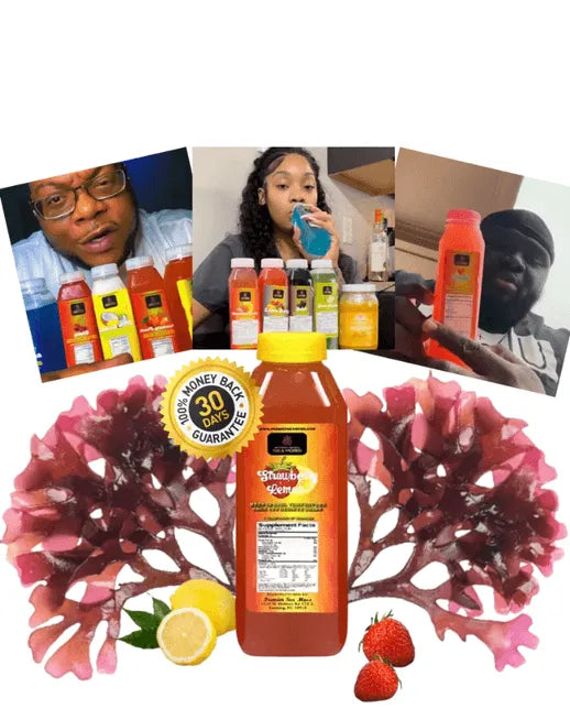 12 oz bottle of Strawberry Sea Moss Lemonade, yellow cap, surrounded by raw sea moss, fresh lemons, and strawberries.