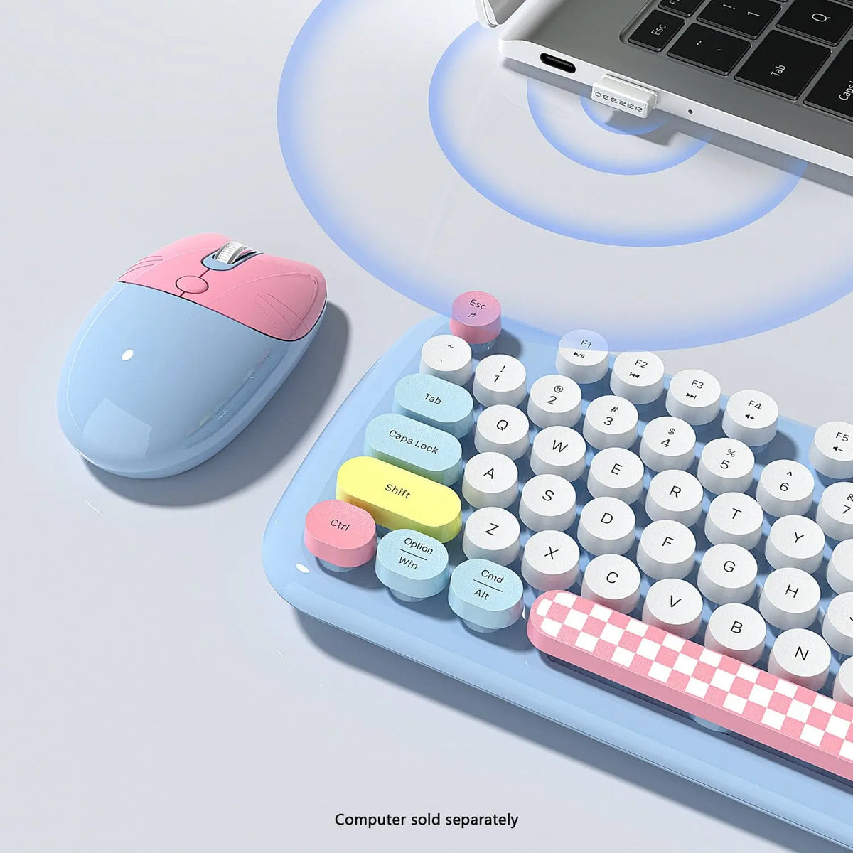 Colorful wireless keyboard and mouse set with pastel blue, pink, and yellow round keys and a checkered space bar.