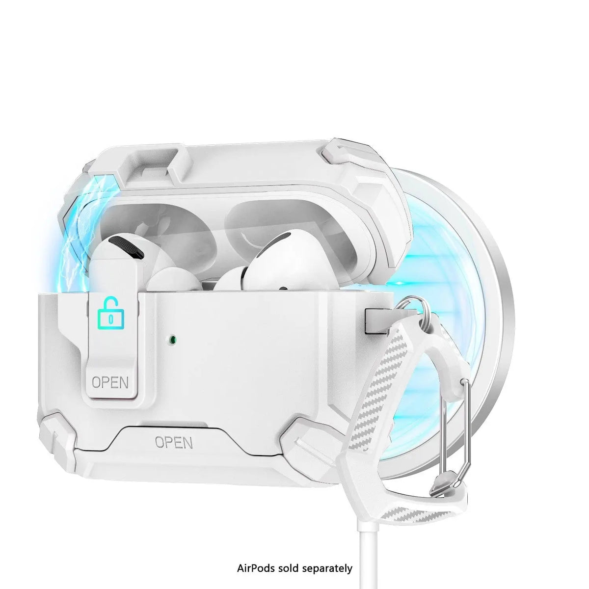 White, rugged AirPods Pro case with MagSafe, secure locking mechanism, and attached matching white carabiner.