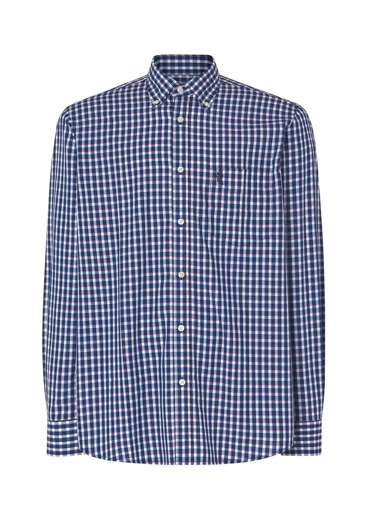 Camisa de hombre de manga larga, tejido popelín de cuadros azul y blanco con bolsillo frontal y corte recto clásico.