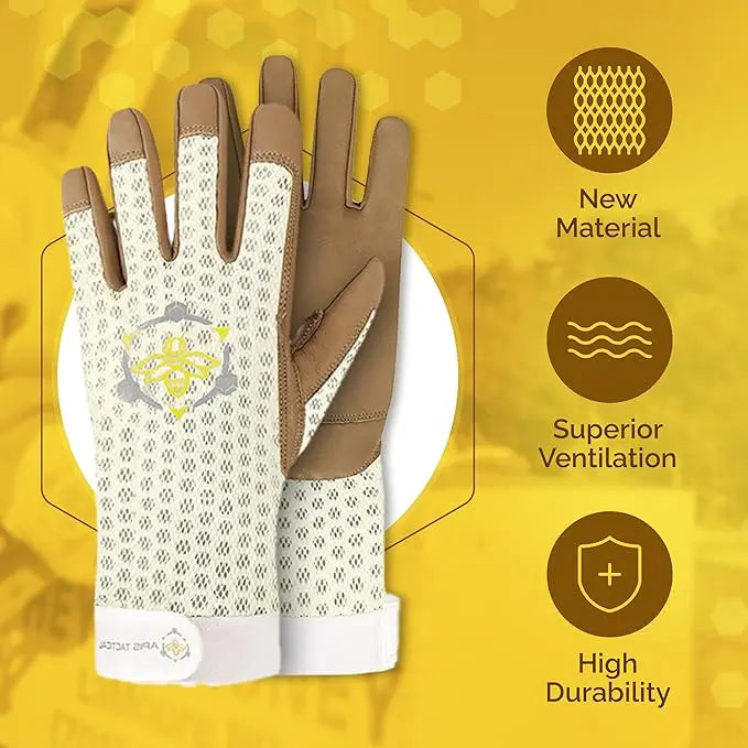 Beekeeping gloves with tan pigskin leather palms and white mesh backings, featuring a yellow bee logo and velcro cuffs.
