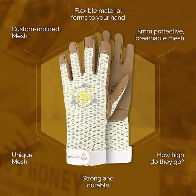 Tan pigskin and cream mesh beekeeping gloves with a yellow bee logo, Velcro wrist straps, and layered protective mesh.
