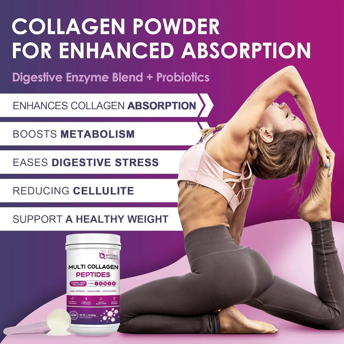 A woman doing yoga with a container of Multi Collagen Peptides powder and a scoop on a purple background.