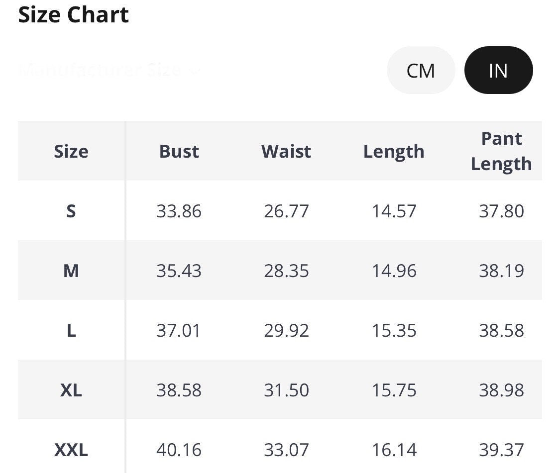 Size chart with detailed measurements for S, M, L, XL, and XXL. Clear layout and easy-to-read format.