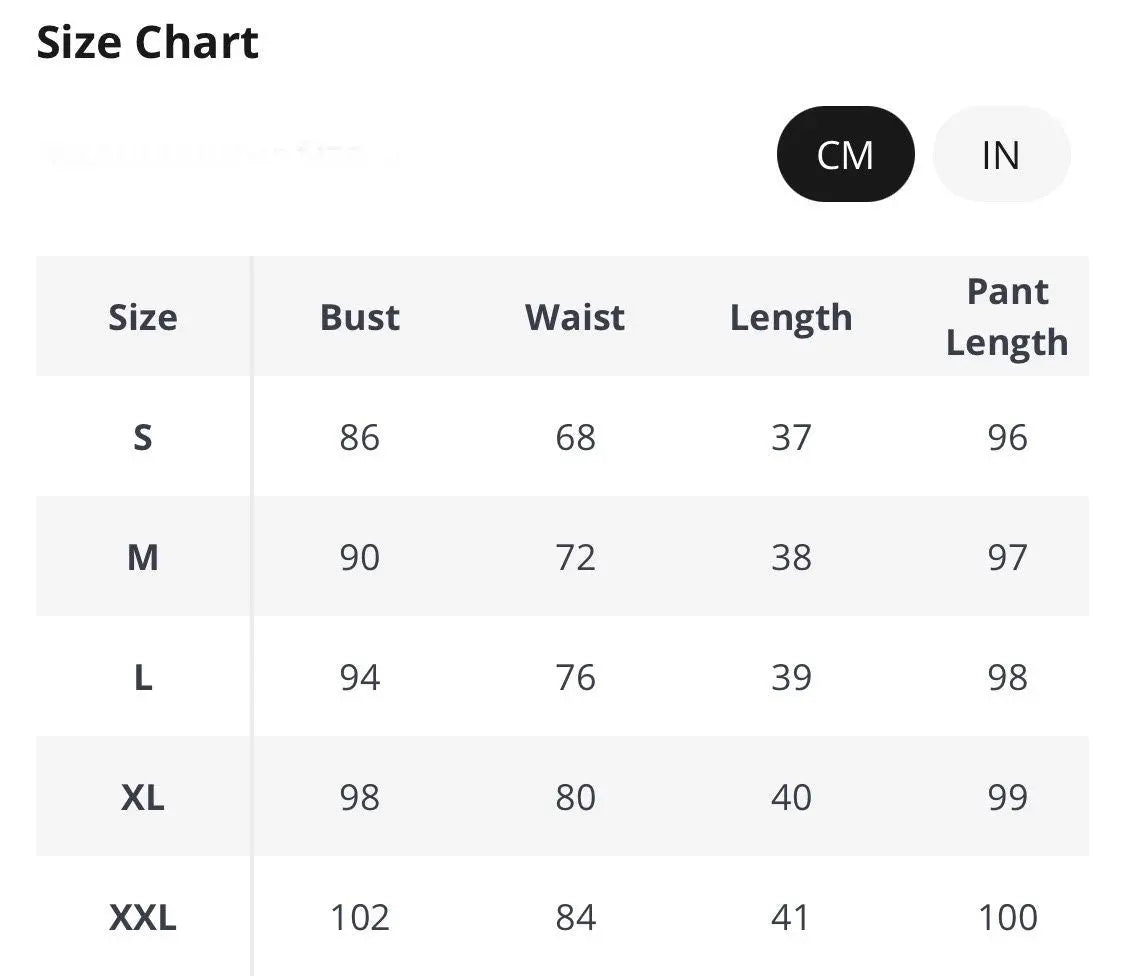 Size chart for clothing: Bust, waist, and length measurements in cm for sizes S to XXL.