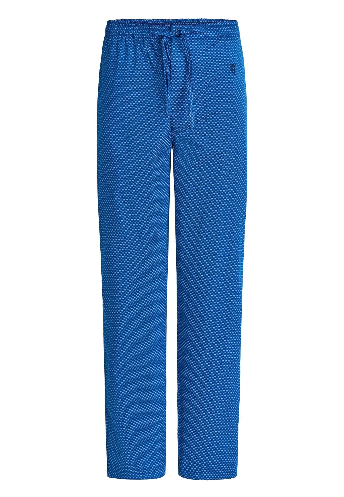 Pantalón de pijama largo para hombre en algodón azul con estampado geométrico, corte recto y cintura elástica ajustable.