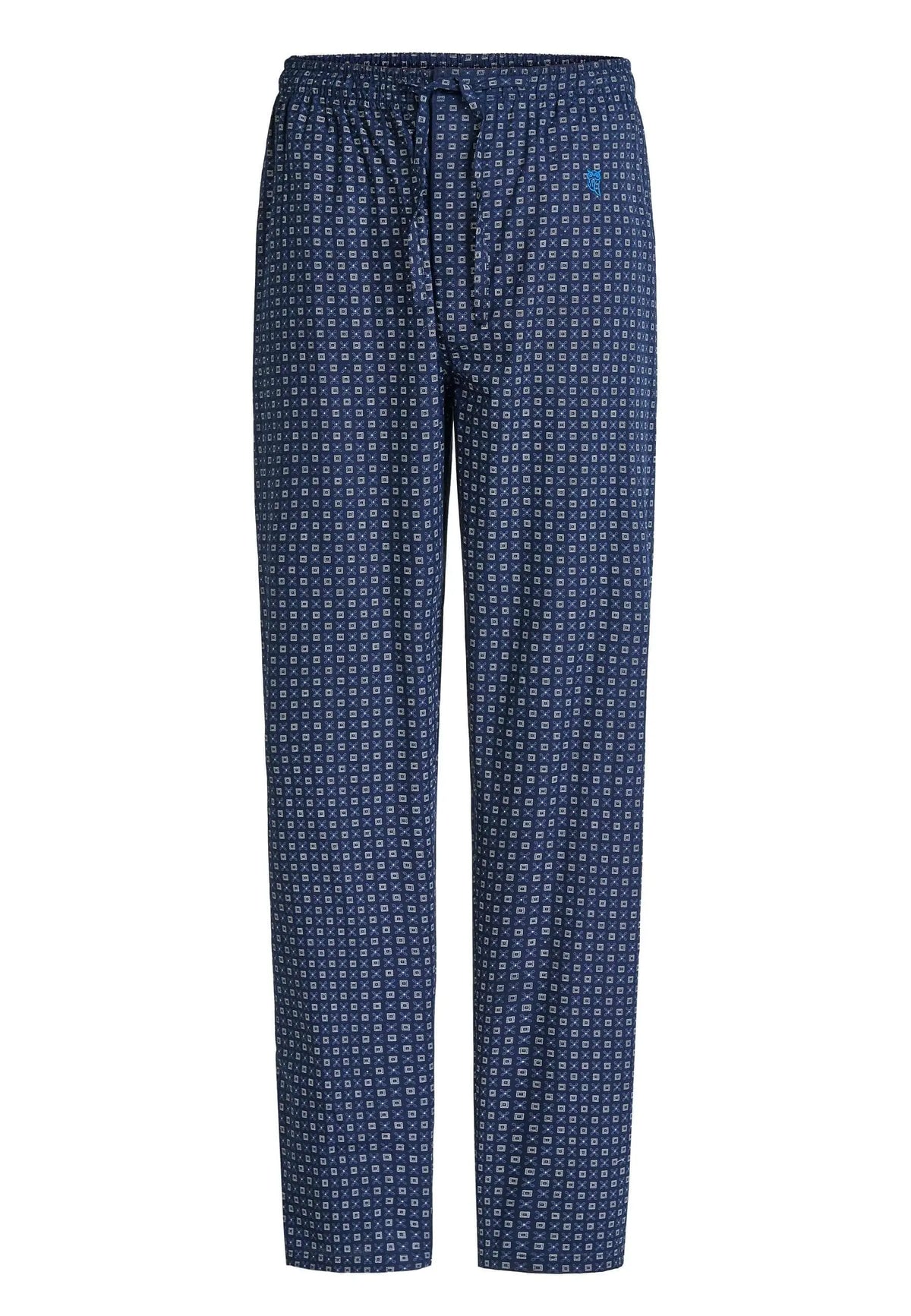 Pantalón de pijama largo para hombre en algodón popelín azul con estampado geométrico y ajuste de cintura con cordón.