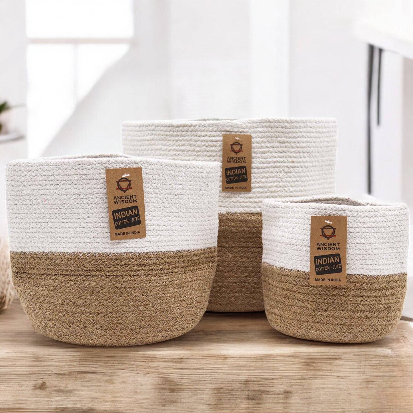 Set de 3 Cestas de Algodón y Yute - Blanco