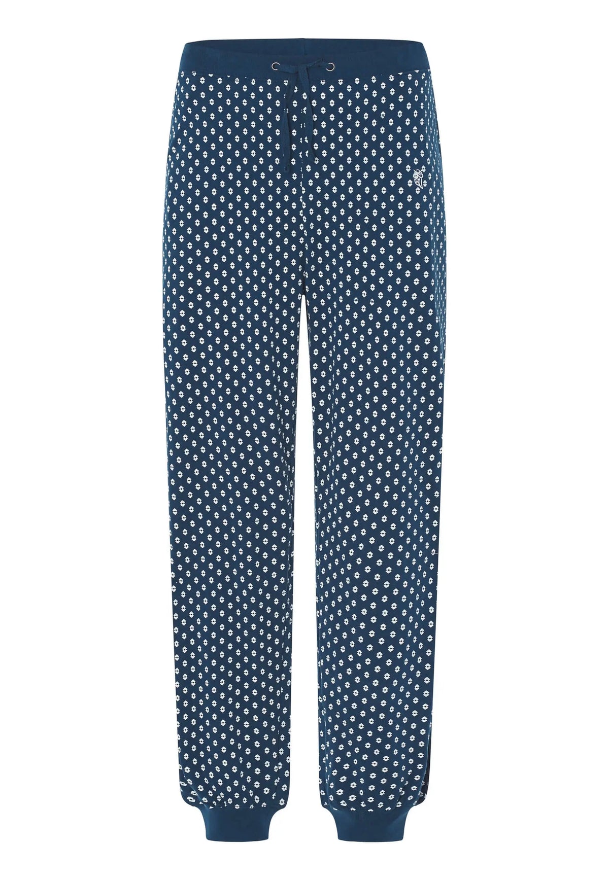 Pantalón de pijama largo para hombre en punto de algodón azul con estampado de pequeños cuadros y cintura ajustable.