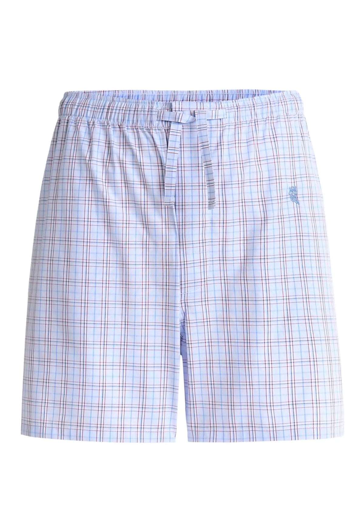 Pantalón corto de pijama para hombre en popelín azul con estampado de cuadros, cintura elástica y cordón ajustable.