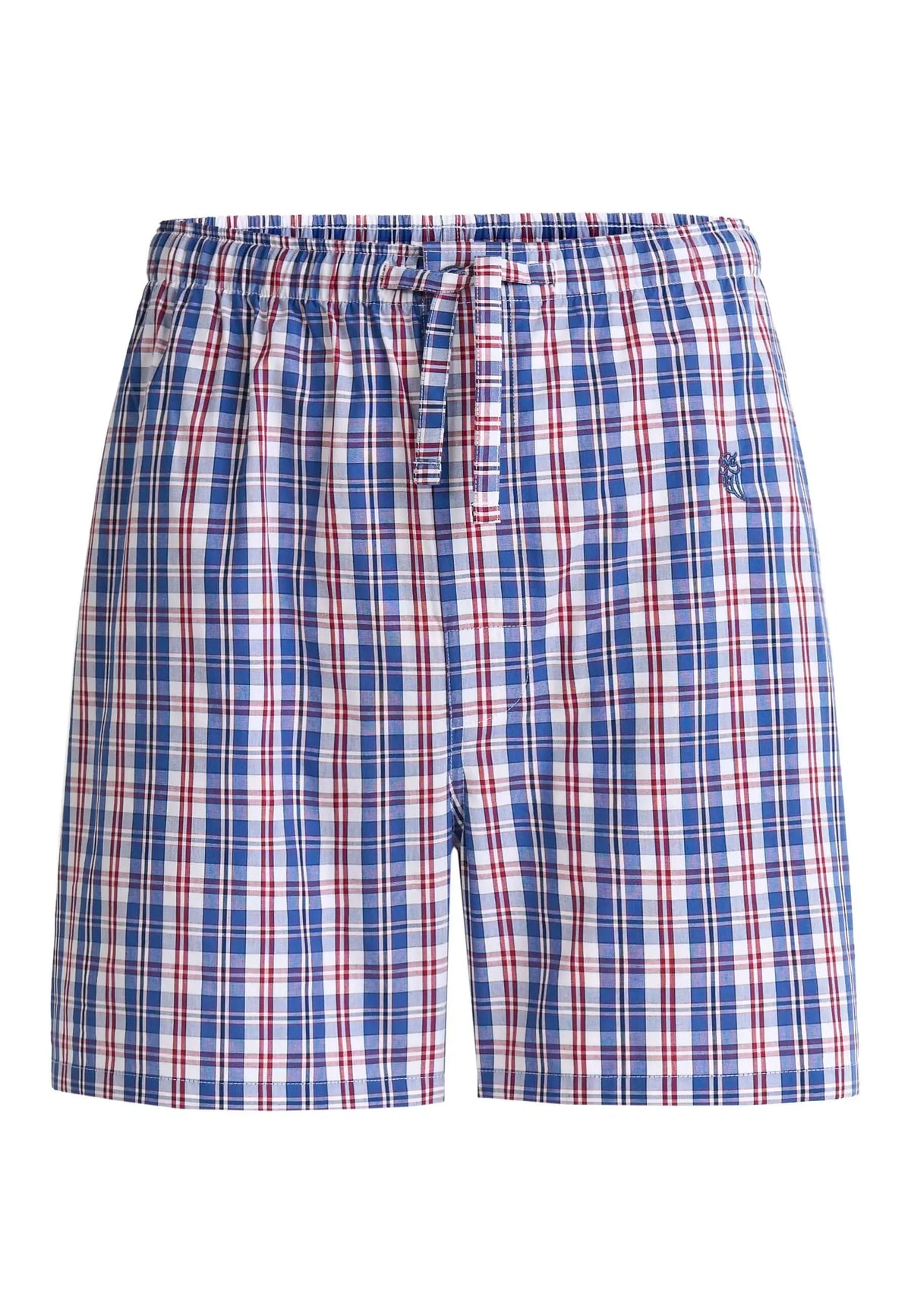 Pantalón corto de pijama para hombre en popelín de algodón, con estampado de cuadros azules y rojos y ajuste elástico.