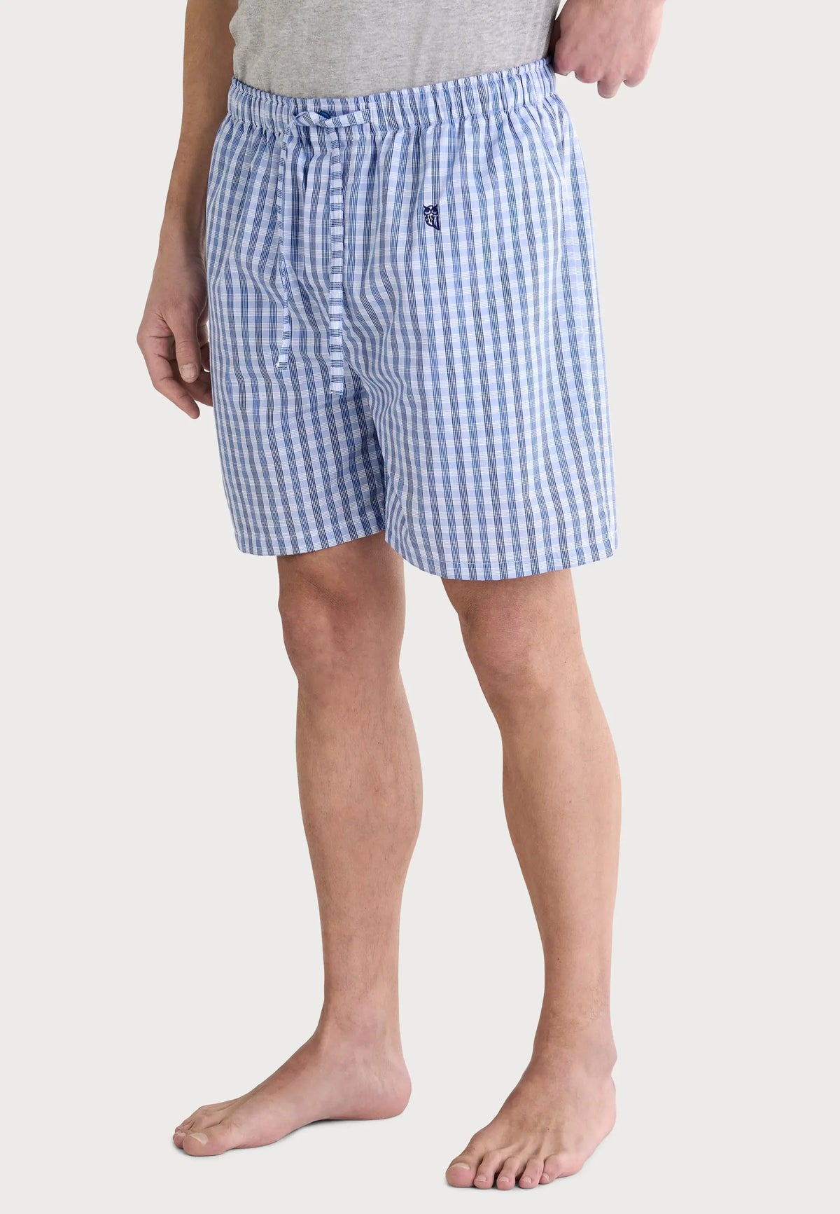Pantalones cortos de cuadro vichy azul claro, algodón, estilo informal, con cintura elástica y cordón ajustable.