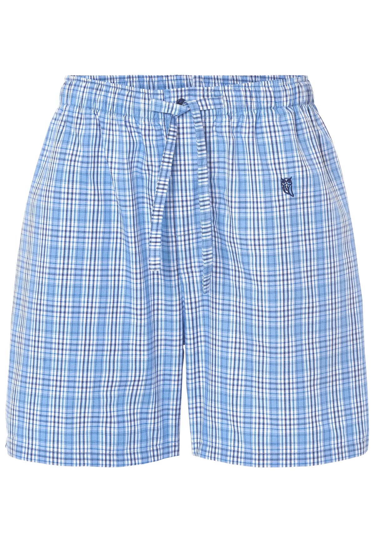 Pantalones cortos de cuadros azul claro, tejido ligero, con cintura elástica y cordón ajustable. Estilo casual.