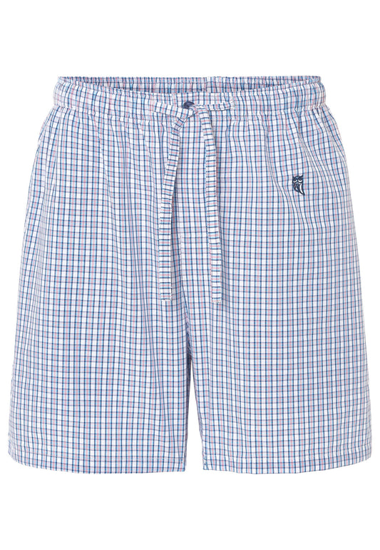 Pantalones cortos a cuadros en azul y blanco, de algodón, estilo casual con cintura elástica y cordón.