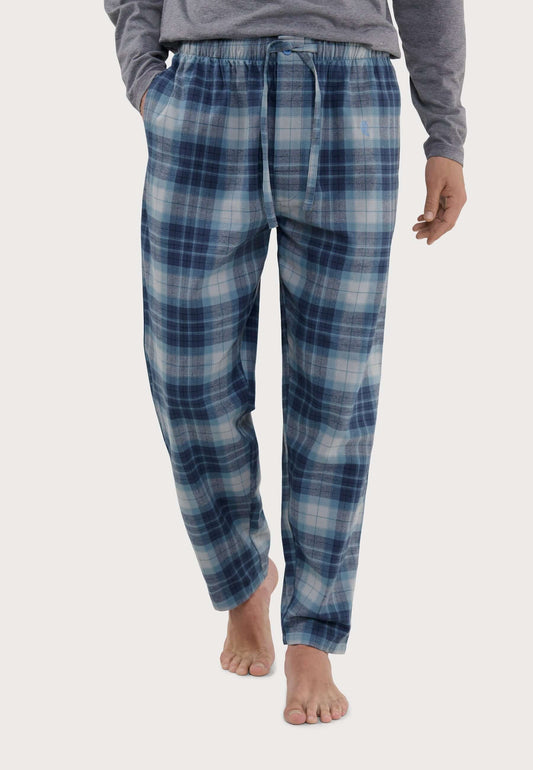 Pantalón de pijama para hombre de franela de algodón, estampado de cuadros azules, ajuste cómodo con cordón elástico.