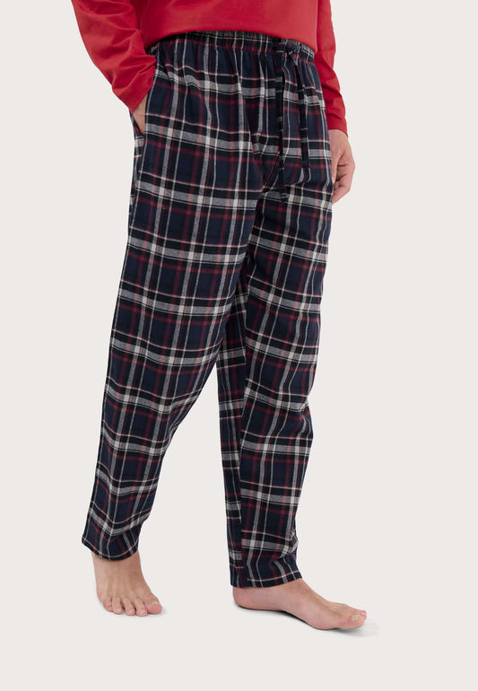 Pantalón de pijama para hombre de franela de algodón, diseño de cuadros azul y rojo, corte recto cómodo con ajuste.