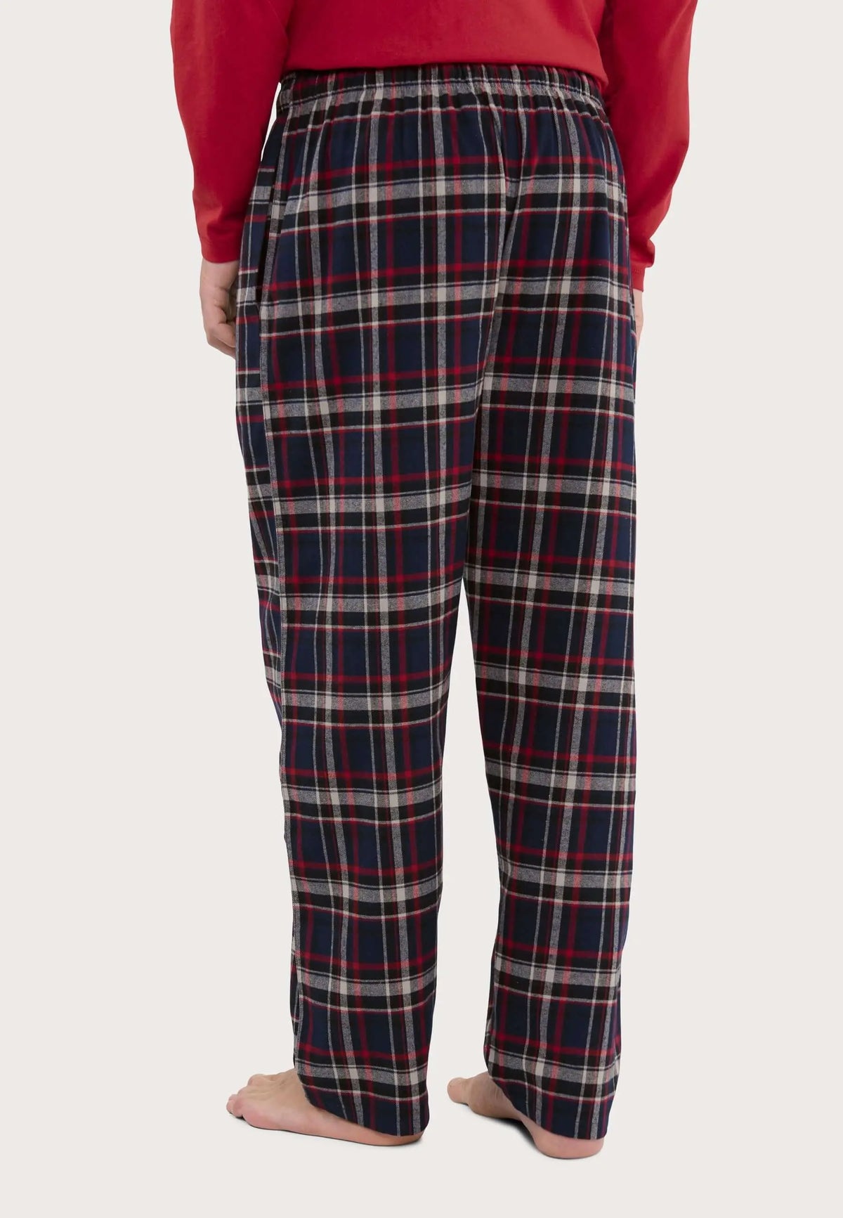 Pantalón de pijama para hombre de franela de algodón, estampado de cuadros azul, rojo y gris, ajuste recto y cómodo.