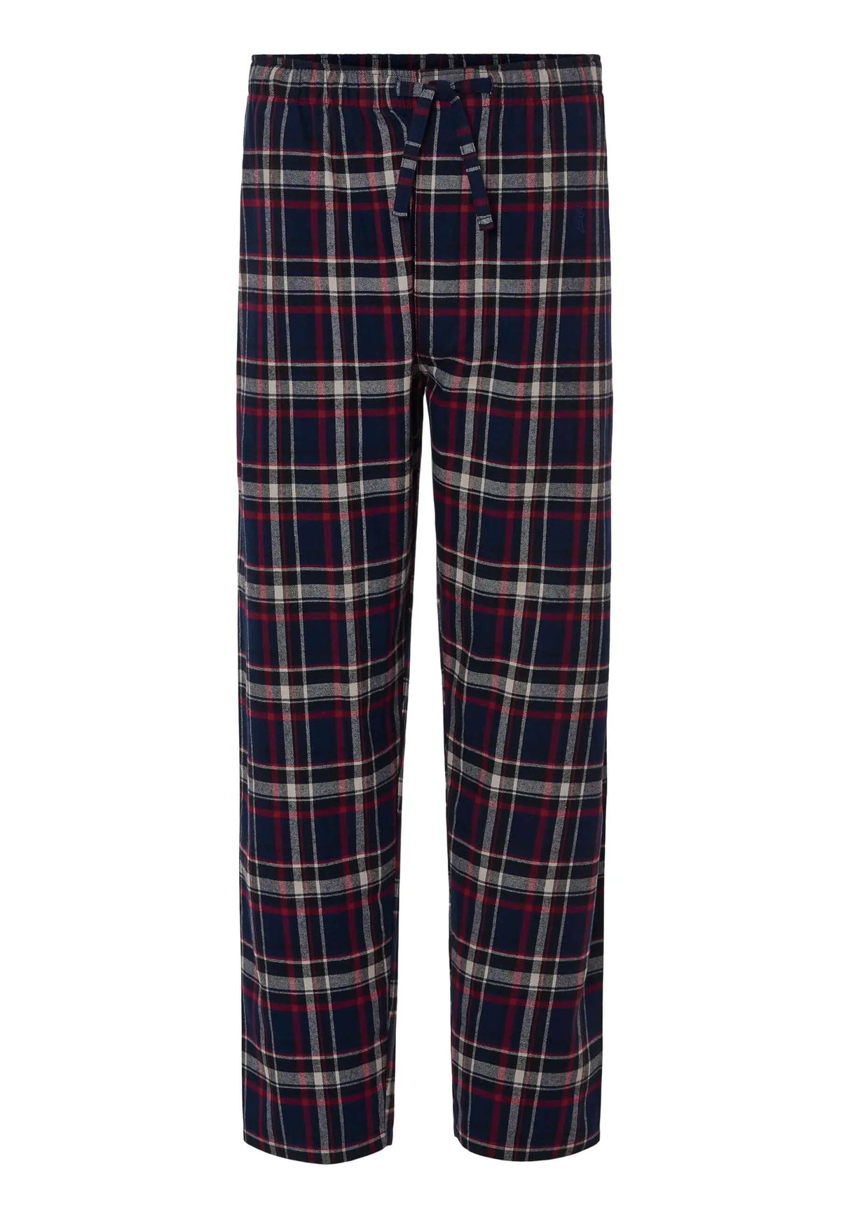 Pantalón de pijama para hombre de franela azul con estampado de cuadros, corte recto y cintura elástica con cordón.