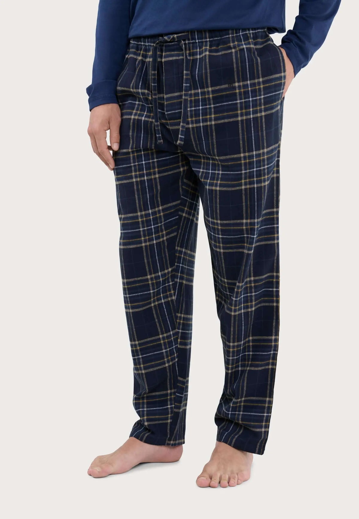 Pantalón de pijama para hombre de franela de algodón, diseño de cuadros azules con ajuste cómodo y cordón en cintura.
